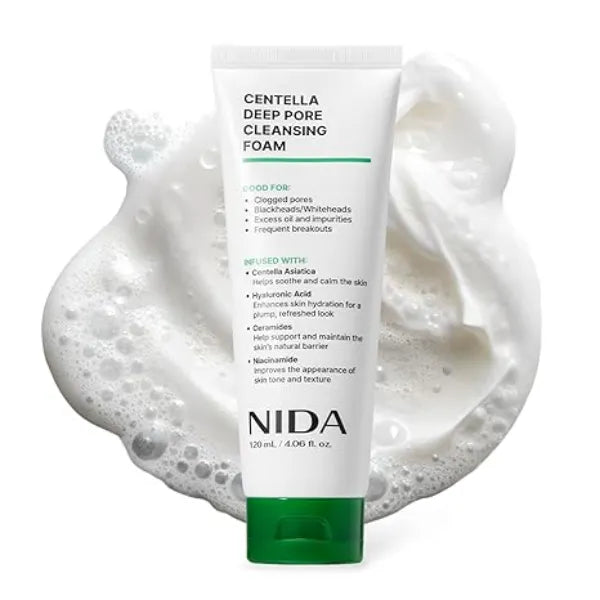 NIDA Centella Deep Pore Cleansing Foam Centella Asiatica, Hyaluronic Acid, Ceramides, Niacinamide Clogged Pores, Blackheads/Whiteheads, Good for Impurities & Breakouts 4.06 oz., 120ml