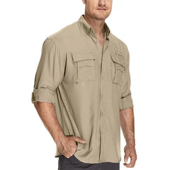 Asfixiado Mens Safari Work Shirts Long Sleeve Hiking Fishing Tops UPF 50+ Quick Dry Camping Travel Button Down Shirt with Pockets