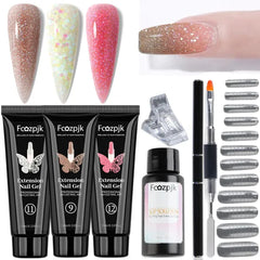 Fcozpjk Poly Extension Gel Nail Kit with Slip Solution Dual Nail Form Brush Clear White Nide Pink Poly Nail Gel with Clips for Poly Gel Brush Pen Starter Kit for Home Manicure Set
