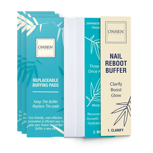 Onsen Secret 3-Way Nail Buffer Replacement Pads – Coarse/Soft/Silky Buffing Refills for Natural Shine – Available in 1 Pack (4 Pads) or 3 Pack (12 Pads)