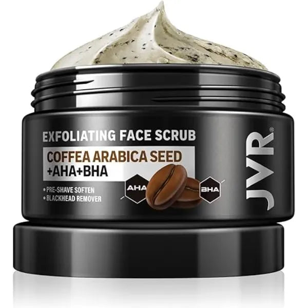 JVR Face Scrub for Men, Facial Scrub for Deep Exfoliating, Cleansing, Removing Blackheads, Ingrown Hair, Pre shave Soften, Organic Formulated with Coffee Extract, AHA and BHA Face Exfoliator