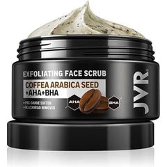 JVR Face Scrub for Men, Facial Scrub for Deep Exfoliating, Cleansing, Removing Blackheads, Ingrown Hair, Pre shave Soften, Organic Formulated with Coffee Extract, AHA and BHA Face Exfoliator