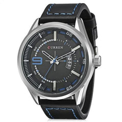 CURREN Men's Analog Watch Stainless Steel Case Black Dial Calendar Window Black Leather Strap