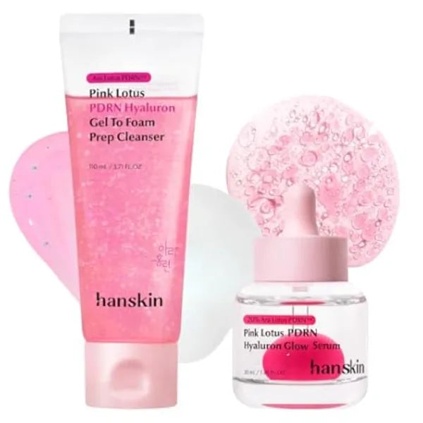 Hanskin PDRN Pink Skincare Routine Set Vegan Pink Lotus PDRN Cleanser + Glow Serum Hydrating Glass Skin Duo for Smooth, Plump & Radiant Skin Korean Skincare Set