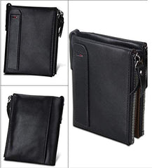 Crazy Horsehide Leather Wallet Men Purse With Double Zipper Short Wallet Money Clip black