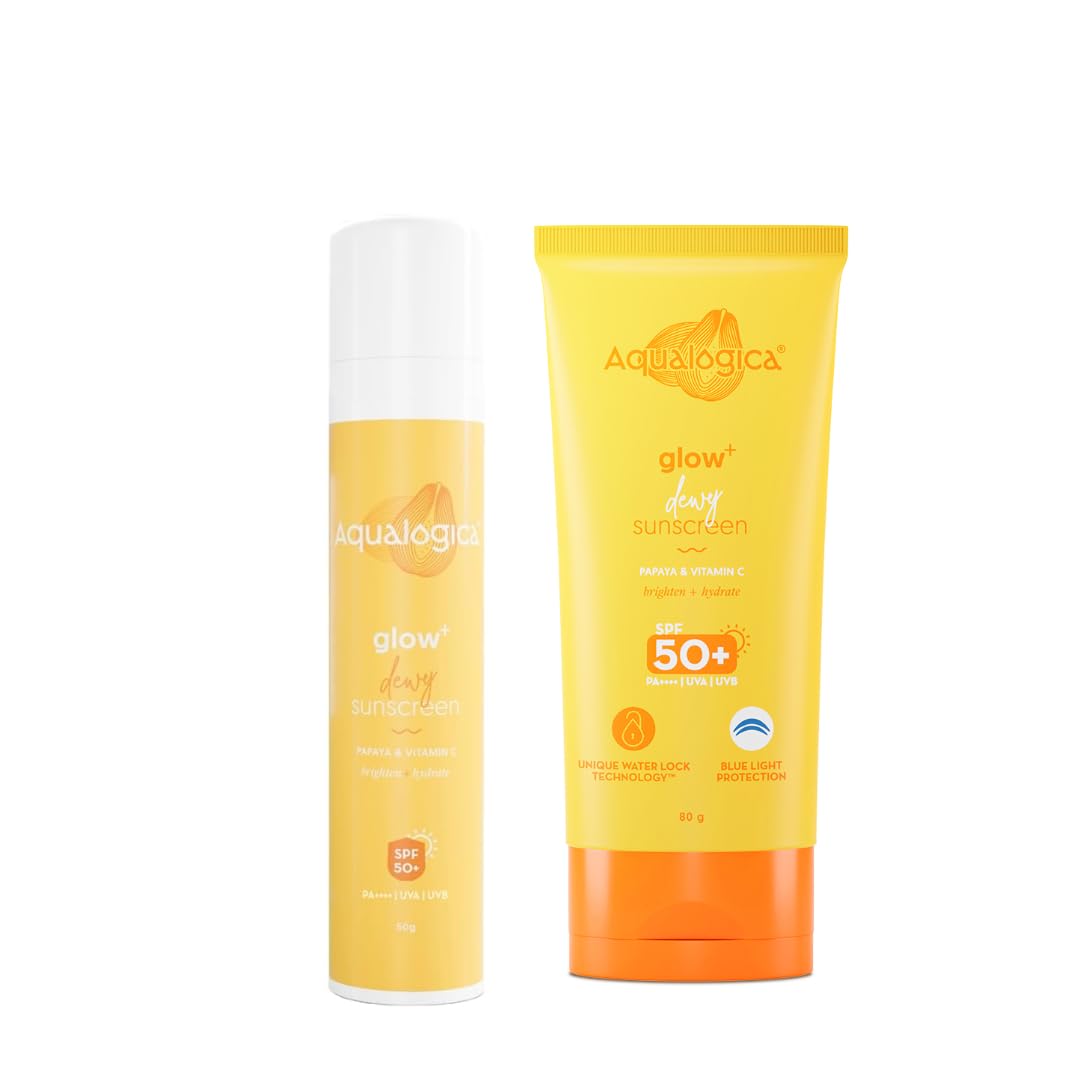 Aqualogica Glow+ Dewy Sunscreen For All Skin Types With Papaya & Vitamin C With Spf 50 & Pa++++ - 50G + 80G, Pack Of 1