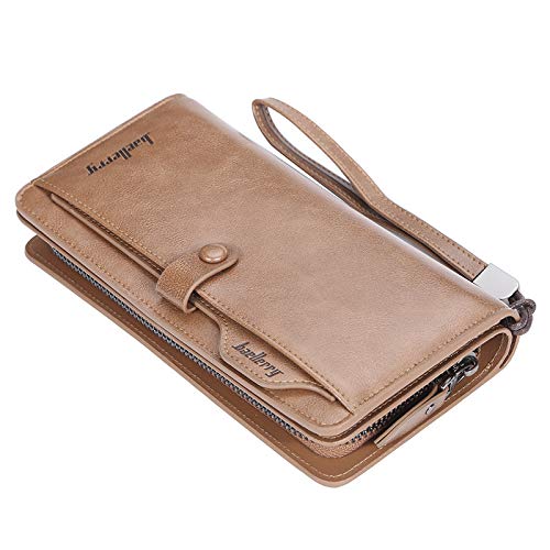 Mens Wallet Long Style Card Holder Male Purse Zipper Large Capacity PU Leather Wallet (Brown)