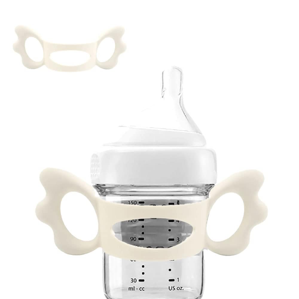 Khazna Baby Bottle Handles, Silicone Wide-Neck Baby Bottle Handle for NUK, for Avent, for Dr Browns, for Hegen Bottle and Other Dia 6-7cm Wide-Neck Bottle for Baby Gripping (Beige White)