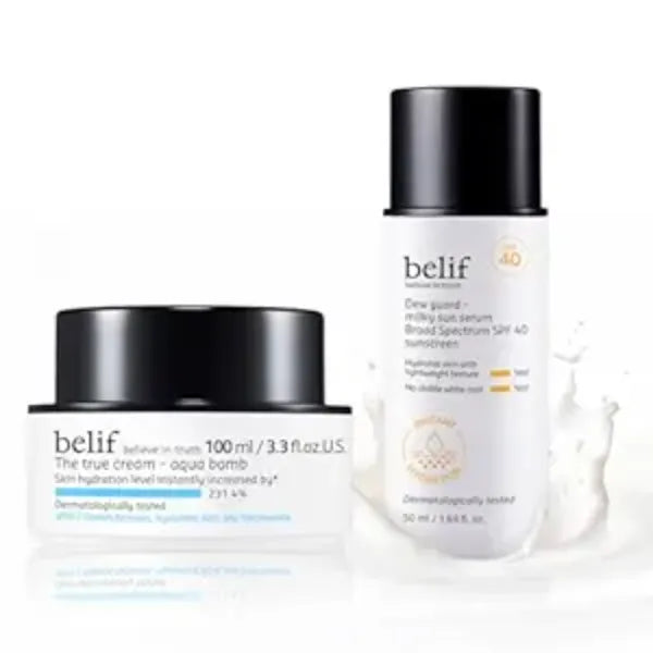 Belif Aqua Sun Serum Duo Hydration & SPF Skincare Set Lightweight Gel Cream Moisturizer (100ml) & Milky Niacinamide Sun Serum SPF 40, 12hr Moisture, No White Cast, Korean Skin Care