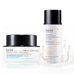 Belif Aqua Sun Serum Duo Hydration & SPF Skincare Set Lightweight Gel Cream Moisturizer (100ml) & Milky Niacinamide Sun Serum SPF 40, 12hr Moisture, No White Cast, Korean Skin Care