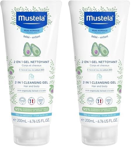 Mustela Baby 2-in-1 Cleansing Gel - Baby Body & Hair Cleanser - with Natural Avocado - Biodegradable Formula & Tear-Free - 200ml (Pack of 2)