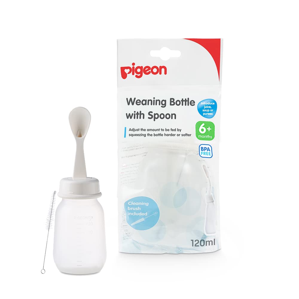 Pigeon Weaning Bottle with Spoon, Introduce Juice Soup or Purees, BPA Free, 6+ Months, White, 120ml