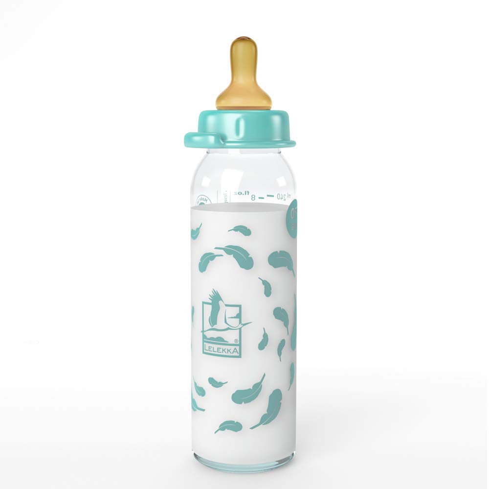 Lelekka Glass Baby Bottle 8oz with Round Natural Rubber Nipples Size M (Medium Flow, Formula Milk), Made in Germany