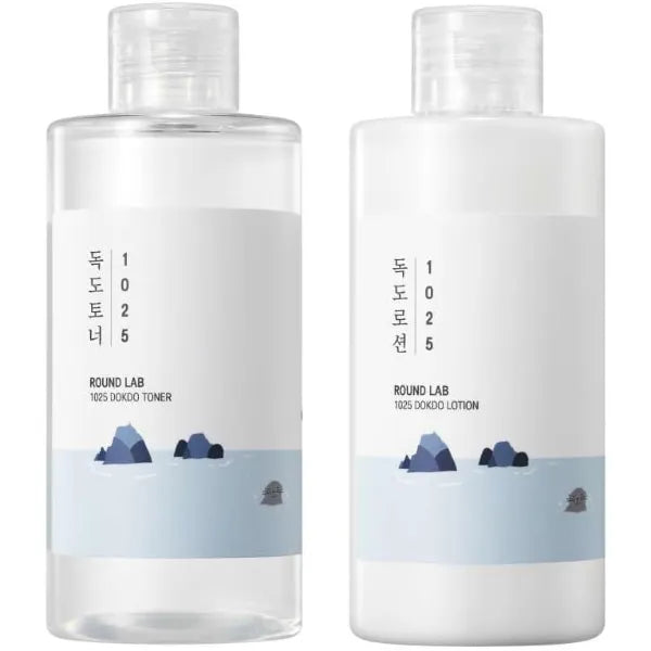ROUND LAB 1025 Dokdo Toner + Dokdo Lotion Set Gentle Exfoliating Dead Skin Cells Without Irritation, Hydrating, Watery Type Toner, Lotion, for Sensitive Skin 6.76fl.oz