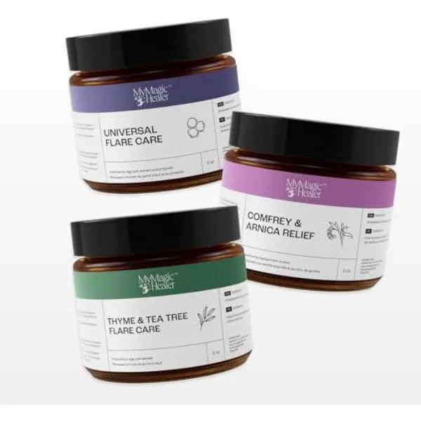 MyMagicHealer Complete Flare Care TRIO Universal & Thyme Tea Tree Drawing Salve with Comfrey & Arnica Body Balm Care for HS, Boils, Breakouts & Tired Skin Natural Ingredients 3 x 2 oz