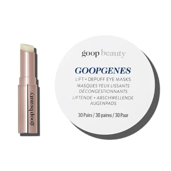 goop Beauty Lip Balm & Eye Masks Bundle 1 Clear Moisturizing Lip Balm for Chapped, Cracked, & Dry Lips 30 pack of Under Eye Patches for Dark Circles, Fine Lines, & Wrinkles Skin Care Gift Set