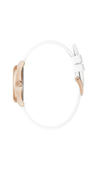 GUESS Ladies Trend Crystal 36mm Watch – Gold-Tone Stainless Steel Case Champagne Dial & Pink Silicone Strap