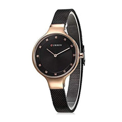 Curren Quartz Movement 9008 Stainless Steel Strap Round Analog Black Watch for Women