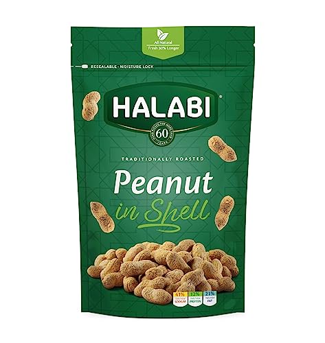 Halabi Traditionally Roasted In Shell Peanuts, All Natural Ingredients Healthy Snacks Longer Freshness Resealable Bag - 150G