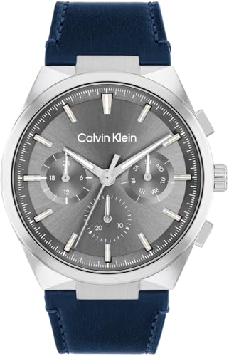 CALVIN KLEIN MEN'S LIGHT GUNMETAL DIAL NAVY LEATHER STRAP WATCH - 25200444