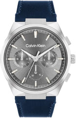 CALVIN KLEIN MEN'S LIGHT GUNMETAL DIAL NAVY LEATHER STRAP WATCH - 25200444