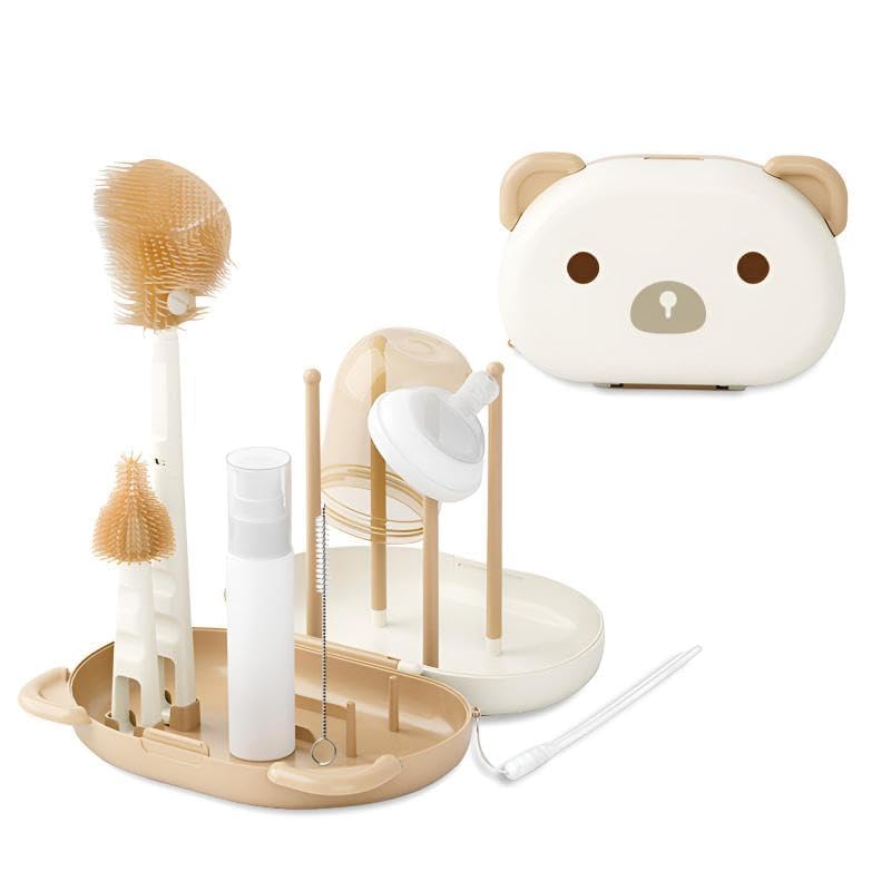 BAOLY 6 in 1 Baby Bottle Cleaner Set,Portable Silicone Travel Bottle Brush Kit with Drying Rack,Portable Baby Essentials for Home and Travel,Newborn Gift(White)