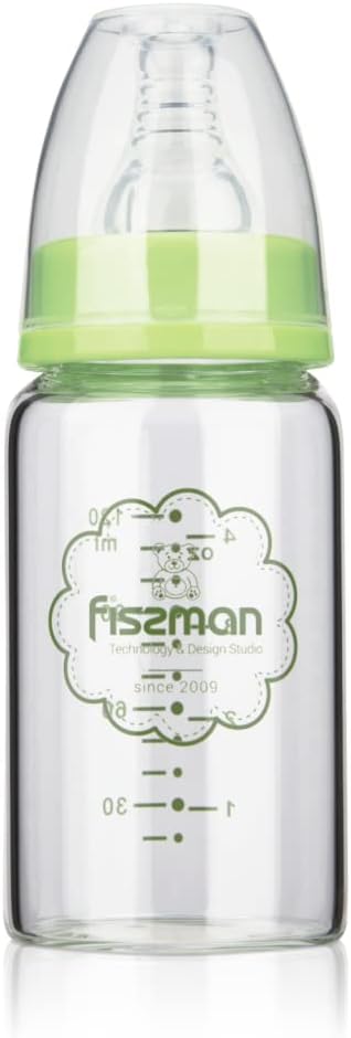 Fissman Baby Feeding Glass Bottle, Light and Slim Bottle Easy to Hold, Food Grade Borosilicate Glass, Wide Neck, Dishwasher And Easy to Clean, BPA Free 120ml (Green)