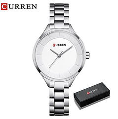 CURREN Elegant Design Women's Watch, Shiny Hands, Minimalist Dial with Adjustable Stainless Steel Band with Butterfly Clasp for Safety, silver with white, M, Casual