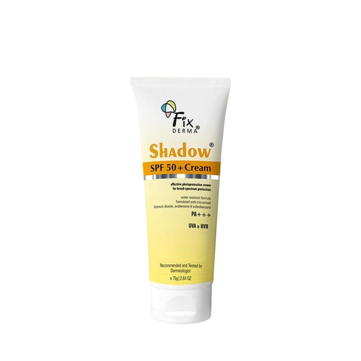 Fixderma Shadow SPF 50+ Cream - 75gm | Broad-Spectrum Sun Protection | Water Resistant Formula | PA+++, UVA & UVB Protection | Allergen, Sulphate & Paraben Free | Dermatologist Tested