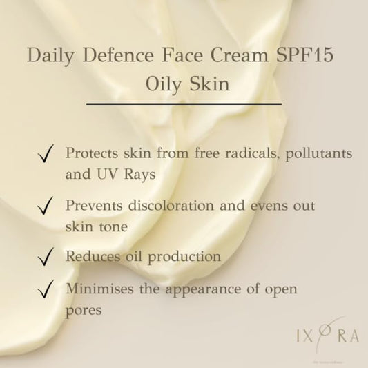 Ixora - Daily Defence Face Cream SPF15 - for Oily Skin -Certified Organic - Day Moisturizing Cream for Natural Protection against sun's UV rays with SPF 15 - GMO Free - Vegan friendly