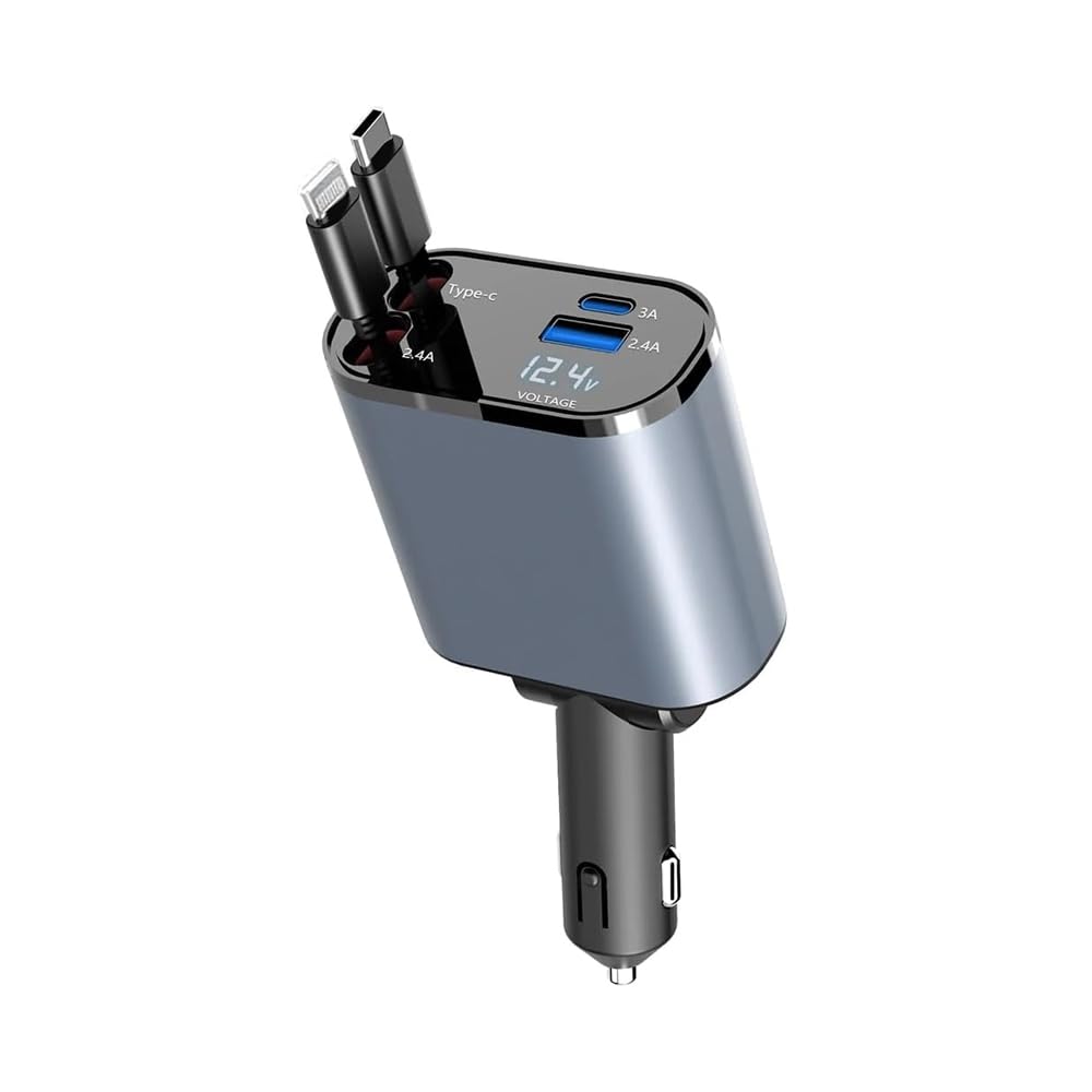 Gwydre Retractable Car Charger, 4 in 1 Fast Car Phone Charger 60W, Retractable Cables and USB Car Charger,Compatible with iPhone 15/14/13/12/11,Galaxy (1Lightning 1TypeC)