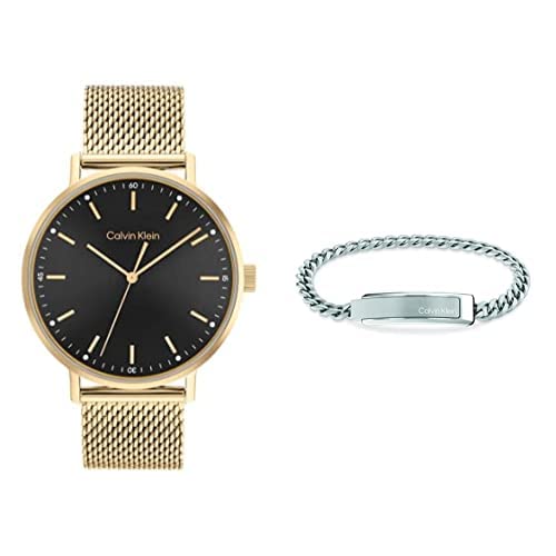 Calvin Klein Modern Mesh Men's Black Dial, Ionic Thin Gold Plated 1 Steel Watch + Calvin Klein Iconic Id, Men's Bracelet