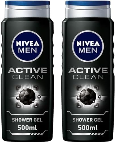 NIVEA MEN Active Clean 3in1 Shower Gel, Cleans Body, Face and Hair, with Active Charcoal, for Purified and Stimulating Skin, for All Skin Types, 500ml (Pack of 2)