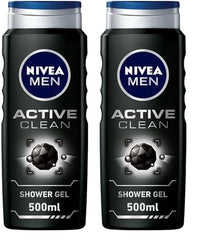NIVEA MEN Active Clean 3in1 Shower Gel, Cleans Body, Face and Hair, with Active Charcoal, for Purified and Stimulating Skin, for All Skin Types, 500ml (Pack of 2)