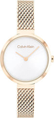 Calvin Klein Minimalistic T Bar 28Mm Mesh Women's Silver White Dial, Ionic Plated Carnation Gold Steel Watch + Calvin Klein Sculptured Drops, Women's Earrings