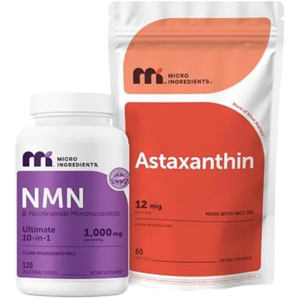 Micro Ingredients Astaxanthin 12mg with MCT Oil & NMN Complex 1000mg Bundle | Fresh Microalgae Source | 10-in-1 with Nicotinamide Mononucleotide, Resveratrol, Quercetin & More