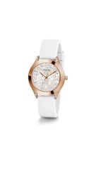 GUESS Ladies Trend Crystal 36mm Watch – Gold-Tone Stainless Steel Case Champagne Dial & Pink Silicone Strap