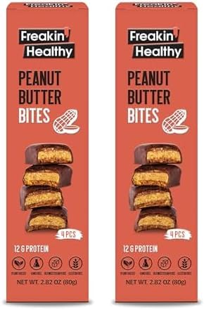 Freakin Healthy Peanut Butter Bites 80g – 4 Individually Wrapped Bites, Plant Based Nut Butter Snack with Raw Chocolate, Grab & Go (Pack of 2)