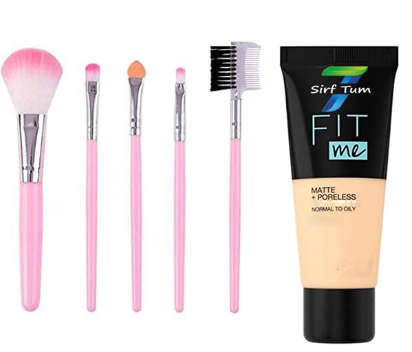 SIRF TUM 7 Beauty New Fit Me Matte-Pore-less Liquid Tube Foundation Natural-MAKEUP BRUSH 5PCS PINK COMBO