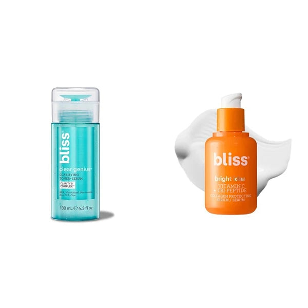 Bliss Clear Genius Clarifying Toner + Serum & Bright Idea Vitamin C + Tri-Peptide Collagen Boosting Serum - Clean - Vegan and Cruelty-Free Skincare