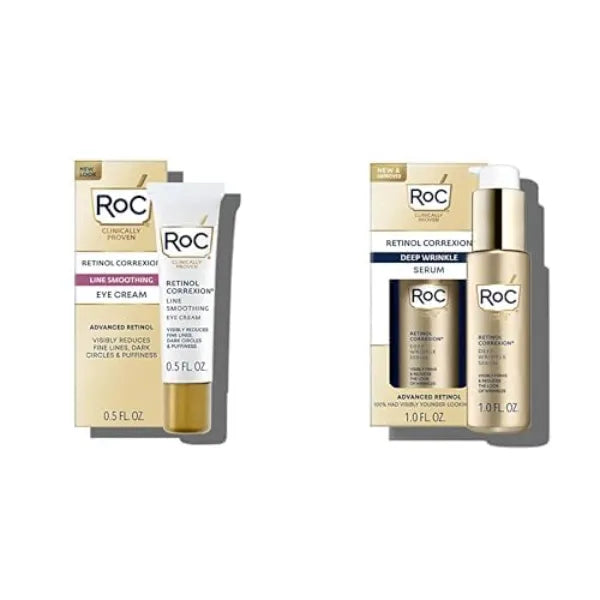 RoC Retinol Correxion Under Eye Daily Wrinkle Cream, 0.5 oz, Retinol Correxion Deep Wrinkle Retinol Face Serum with Ascorbic Acid, 1 Ounce Bundle