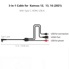 3-in-1 Cable CB05A for HUION Graphics Drawing Tablet Display Kamvas 12, Kamvas 13, Kamvas 16 (2021) with HDMI, Type C, USB A