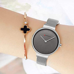 CURREN Women's Analogue Minimalist Elegant Formal Work Casual Extendable Stainless Steel Mesh Adjustable Pressure Safety Brooch, Silver