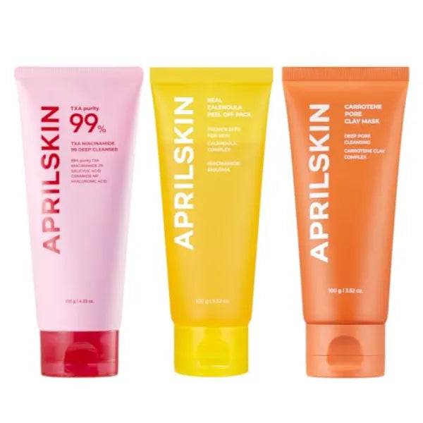 APRILSKIN Ultimate Blackhead & Pore Care Trio: TXA Niacinamide Pore Care Pink Bubble Gum Deep Cleanser, Calendula Facial Peel Off Mask & Carrotene IPMP 3-Min Pore Caring Clay Mask