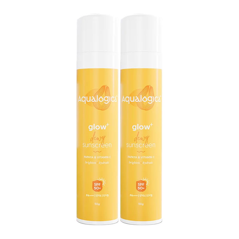 Aqualogica Glow+ Dewy Sunscreen For All Skin Types | With Papaya And Vitamin C|UVA/B & Blue Light Protection | Fights Tan And Brightens Skin | Spf 50 Pa++++ (50 G) (Pack Of 2)