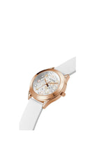 GUESS Ladies Trend Crystal 36mm Watch – Gold-Tone Stainless Steel Case Champagne Dial & Pink Silicone Strap
