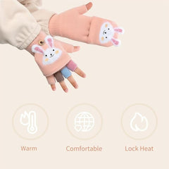ASSHMHTC Kids Fingerless Gloves, 1 Pairs Winter Warm Convertible Flip Top Gloves Soft Knit Lining and Elastic Cute Cartoon for Kids Boy Girls 7-10 Years