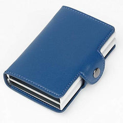 Men/women Genuine Leather aluminium slim Secure ID Wallet with RFID for Unisex. 14 Cards + Cash. Flip Eject option for quick choose Cards-By Paamsons Dark Blue