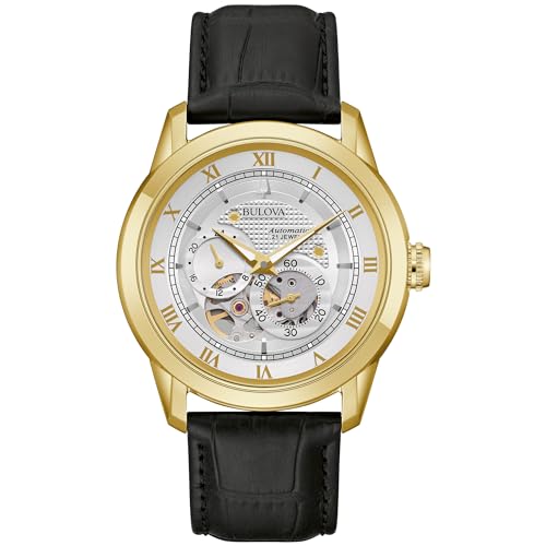 Bulova Men's Classic Sutton 4-Hand Automatic Watch, 24-Hour Sub Dial, Open Aperture, Self-Winding, Exhibition Caseback, Double Curved Mineral Crystal, Luminous Hands, 42mm - Gold
