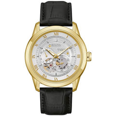 Bulova Men's Classic Sutton 4-Hand Automatic Watch, 24-Hour Sub Dial, Open Aperture, Self-Winding, Exhibition Caseback, Double Curved Mineral Crystal, Luminous Hands, 42mm - Gold